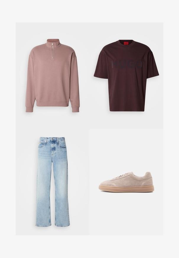 Vaaleanpunainen vetoketjullinen huppari korkealla kauluksella ja ribbineuloksella. Edessä on huomaamaton logotaito. Pehmeä materiaali.; Burgundinpunainen ylisuurikokoinen t-paita pyöreällä kaula-aukolla ja lyhyillä hihoilla, jossa etuosassa tumma "HUGO"-logo mattapintaisena.; Vaaleansiniset leveät farkut korkealla vyötäröllä, joissa on haalistunut pinta, vyölenkit ja klassinen viisi-taskumalli. Helmassa on raaka viimeistely.; Beige mokkanahkainen matalakärkinen tennari, jossa nyöritys ja kumipohja, vasemman sivuprofiilinäkymä vaalealla taustalla.
