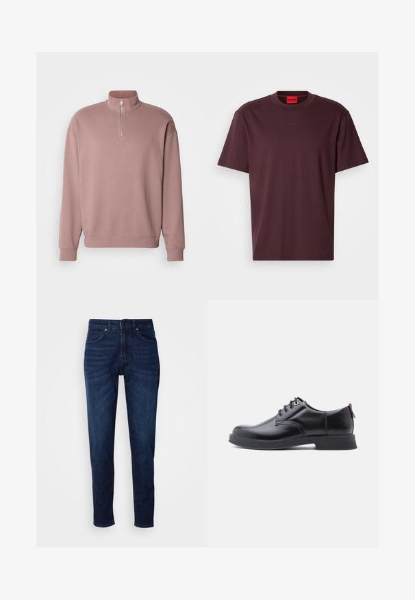 Rosa Pullover-Shirt mit hohem Kragen, halbem Reißverschluss und gerippten Bündchen. Mit dezentem Logo-Detail auf der Front. Weiches Material.; Bordeauxrotes Baumwoll-T-Shirt mit rundem Ausschnitt. Verfügt über ein dezentes, aufgeprägtes "HUGO"-Logo auf der Vorderseite und kurze Ärmel. Schlichtes Design, glatte Textur.; Dunkelblaue Jeans aus Denim mit geradem Bein, ausgestattet mit Taschen und einem Knopfverschluss an der Taille. Weiche Textur, minimale Ausbleichungen.; Schwarze Leder-Schnürschuhe mit glatter Textur, rundem Zehenbereich und dezenten Ziernähten. Mit einem roten Laschenband an der Ferse.