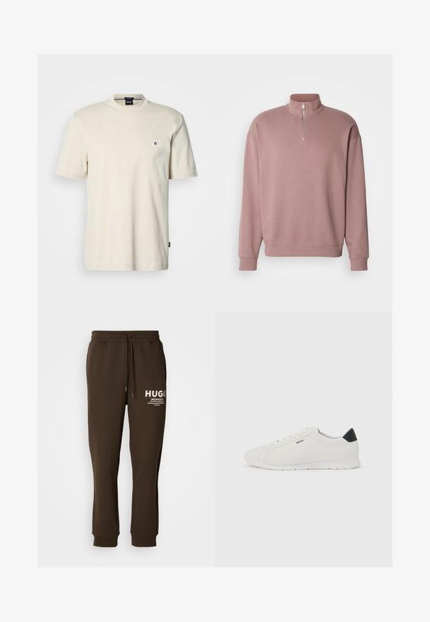 Sweatshirt rose avec un col montant, fermeture éclair à mi-hauteur et poignets côtelés. Présente un discret logo sur le devant. Matière douce.; T-shirt à manches courtes et col rond en coton beige clair. Présente un petit logo rond sur la poitrine et un ourlet droit.; Pantalons de survêtement marron en tissu doux, dotés d'une taille élastique avec cordon de serrage et d'un logo blanc sur le devant.; Baskets blanches basses avec languette de talon noire, lacets blancs et logo "BOSS" sur le côté, présentées sur un fond clair uni.