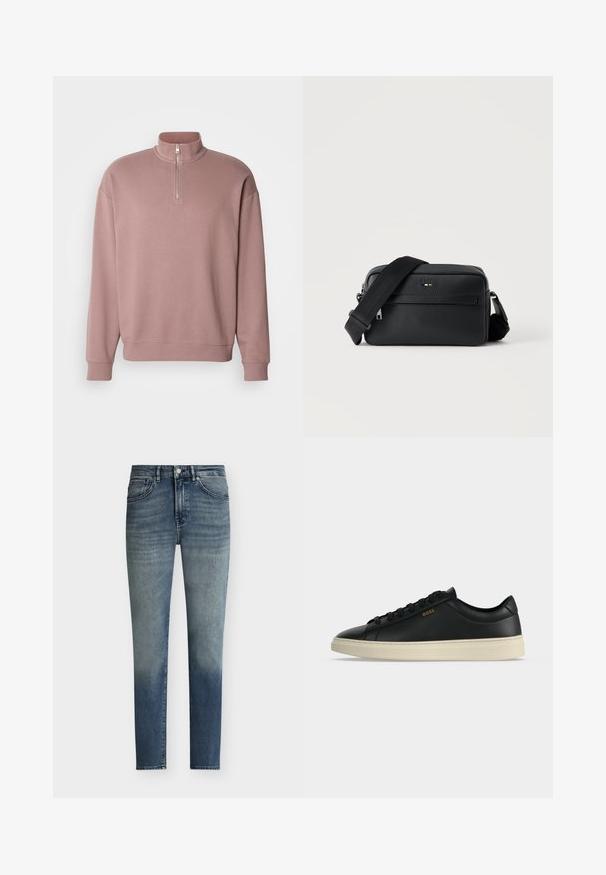 Rosa Pullover-Shirt mit hohem Kragen, halbem Reißverschluss und gerippten Bündchen. Mit dezentem Logo-Detail auf der Front. Weiches Material.; Herren Slim-Fit blaue Jeans mit dezenten Verwaschungseffekten, Knopfverschluss und Fünf-Taschen-Design.; Schwarzer flacher Ledersneaker mit weißer Sohle, schwarzen Schnürsenkeln und kleinem goldfarbenem BOSS-Logo an der Seite.; Schwarze, strukturierte Leder-Crossbody-Tasche mit vorderer Reißverschlusstasche und verstellbarem breitem Stoff-Schulterriemen auf weißem Hintergrund.