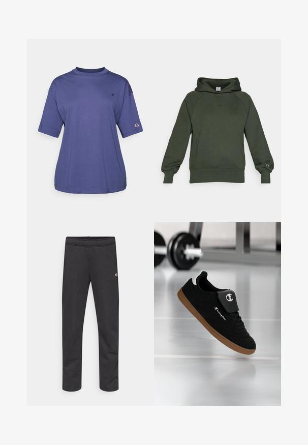 Sudadera verde oscura hecha de un tejido suave, con un bolsillo canguro en la parte frontal, puños acanalados y un pequeño logo en el pecho.; Camiseta de algodón morada de cuello redondo y manga corta, que presenta un pequeño logo en el pecho y un parche del logo en la manga.; Pantalones jogger de algodón negro con cintura elástica y un pequeño logo en el lateral. Textura suave, diseño entallado, sin patrones adicionales.; Zapatilla Champion negra y marrón suspendida en el aire en un gimnasio, con una barra de pesas desenfocada en el fondo.