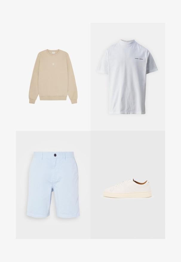 Beige Sweatshirt aus weichem Material mit rundem Halsausschnitt, langen Ärmeln und einem kleinen weißen "II"-Grafik, die zentral auf der Brust platziert ist.; Weißes Baumwoll-T-Shirt mit hohem Ausschnitt und kurzen Ärmeln. Mit schwarzem "SAMSØE SAMSØE" Logo auf der Vorderseite. Glatte Textur.; Hellblaue Baumwollshorts mit einem vorderen Knopfverschluss, Gürtelschlaufen und geradem Schnitt. Glatte Textur ohne sichtbare Muster.; Weißer Sneaker mit niedrigem Schaft und Schnürdesign, minimalen Nähten und einer cremefarbenen Sohle auf hellgrauem Hintergrund.