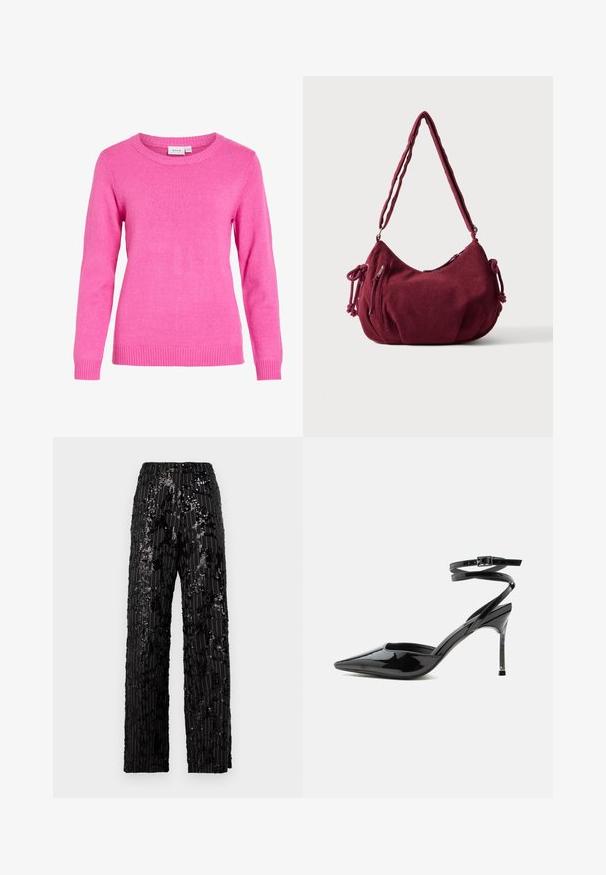 Jersey de punto de manga larga de color rosa brillante con cuello redondo y puños y dobladillo acanalados, con etiqueta "VILA" en el interior del cuello.; Pantalones de pierna ancha negros con lentejuelas, con una superficie texturada, que presentan rayas verticales y un ajuste relajado, ofreciendo una apariencia brillante.; Tacón stiletto de charol negro con punta puntiaguda, tiras finas en el tobillo y cierre pequeño de hebilla.; Bolso de hombro de pana en color granate suave con correa ajustable, cierre de cremallera, lazos laterales y un bolsillo delantero con cremallera.