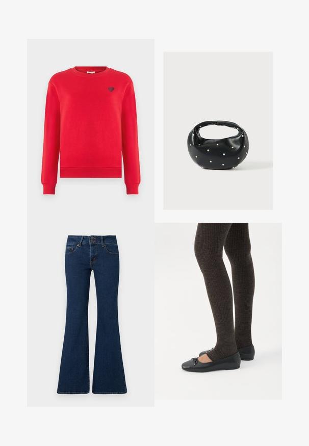 Sweatshirt rouge avec un col rond et des manches longues. Présente un petit motif en forme de cœur sur la poitrine gauche. Fabriqué en tissu lisse avec des poignets côtelés.; Jean flare bleu foncé en denim, avec fermeture éclair et double bouton, poches avant et détails cousus le long des côtés.; Jambes portant des leggings côtelés foncés associés à des ballerines noires avec de petits détails en nœud sur fond blanc.; Sac à main en cuir noir de forme arrondie, décoré de clous argentés et équipé d'une poignée courte. Texture lisse et fermeture éclair.