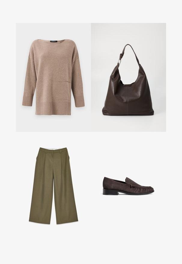 Brun strikket sweater med bred halsudskæring, trekvartsærmer, ribbede kanter og en detalje med lommer foran. Blød tekstur og afslappet pasform.; Bredde bukser i olivengrønt stof med en struktureret overflade, der har frontfolder og et højt livdesign. Ingen synlig hardware.; Brune ruskinds loafers med en lav sort hæl og samlet detaljering foran. Glat tekstur, rund tå og minimalistisk design.; Zign by Zalando LEATHER - Shopping bags - chocolate brown