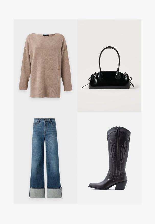 Brun strikket sweater med bred halsudskæring, trekvartsærmer, ribbede kanter og en detalje med lommer foran. Blød tekstur og afslappet pasform.; Lee STELLA - Wide leg - richter; Sorte cowboystøvler i læder med spids tå, synlige sømme, sølvfarvede nitte-detaljer og lynlås på den indvendige side.; Lille sort blank håndtaske med to lange håndtag og snøre-detaljer i siden på en ensfarvet lys baggrund.