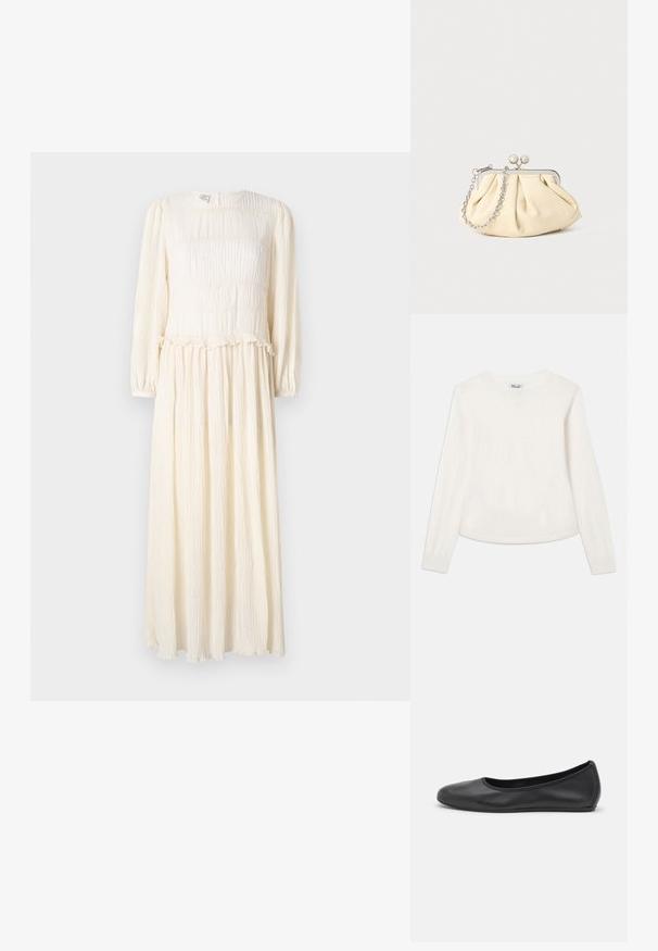 Pull blanc à manches longues en tricot doux. Il présente un col rond et un logo brodé discret sur la poitrine. Coupe légèrement ample.; Robe longue de couleur crème avec des manches longues, tissu texturé, corsage froncé et ourlet à volants. Design léger et fluide.; Ballerines en cuir noir avec un bout rond, texture lisse, détails de couture minimalistes et design de semelle flexible.; Pochette en cuir beige plissé avec un cadre en métal argenté, dotée de deux fermoirs ronds décoratifs et d'une chaîne en argent.