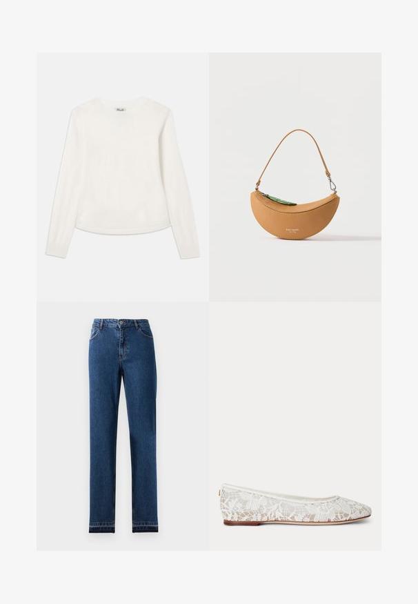 Hvid langærmet sweater lavet af blødt strikstof. Har en rund halsudskæring og et diskret broderet logo på brystet. Let loose fit.; Blå denim jeans med lige ben-design, fem lommer og en knap-lukning. Har kontrast søm og en let falmning.; Hvid blonder ballet flats med blomsterprint og tynd brun sål på ensartet lys grå baggrund.; Lille lædertaske i tan-form som en halvmåne med kort rem og sølvspænde, med grøn lynlås og "kate spade new york" logo.