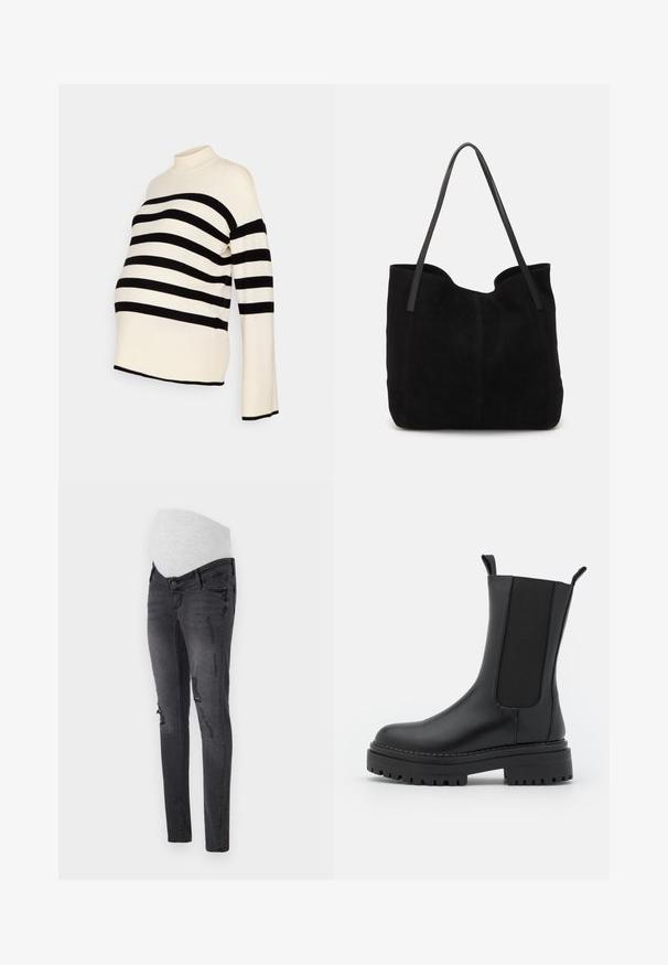 Pull de maternité à rayures noires et blanches avec un col haut et des manches longues, fabriqué dans un tissu doux et offrant une coupe décontractée pour un confort optimal.; Jeans de maternité en denim gris foncé avec une taille élastique, présentant des détails déchirés et une coupe slim.; RAID CHERISH - Bottes à plateau - black; Sac fourre-tout en suède noir avec deux longues anses en cuir plates. Présente un bord supérieur incurvé et des coutures visibles sur le devant. Pas d'accents en métal.