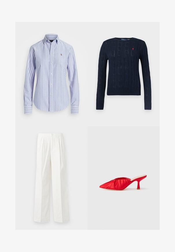 Marineblauw kabeltrui met lange mouwen, ronde hals, geribbelde manchetten en zoom, en een klein rood geborduurd logo op de borst.; Blauw en wit gestreept overhemd met knoopsluiting en kraag, voorzien van een klein geborduurd logo op de borst en knoopmanchetten. Zachte stofstructuur.; Witte broek met hoge taille en wijde pijpen, met plooien aan de voorkant, knoopsluiting en riemlussen, getoond tegen een effen achtergrond.; Rode satijnen hoge hakken mules met een spitse neus en een geplooide textuur over het bovenwerk. Voorzien van een slanke, taps toelopende hak.