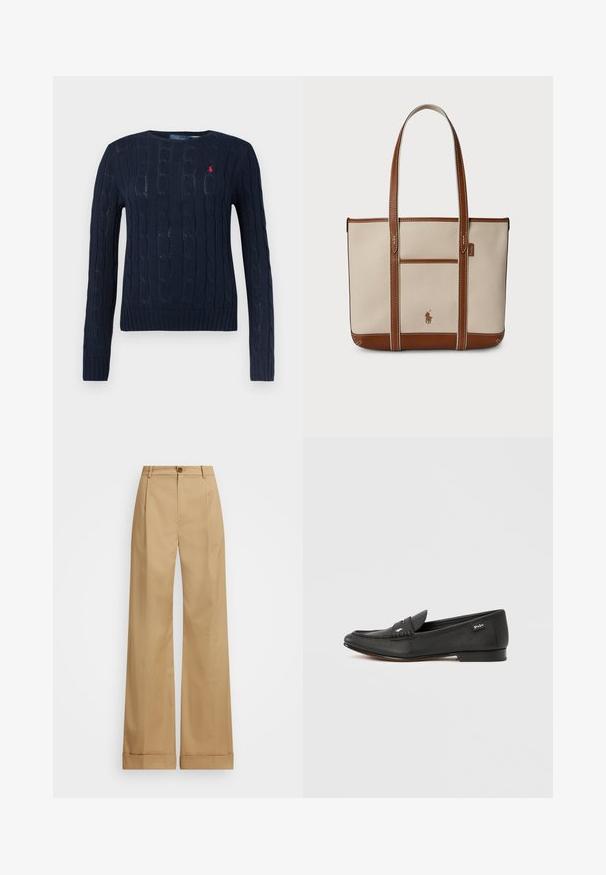 Jersey de punto de cable azul marino con mangas largas, cuello redondo, puños y dobladillo acanalados, y un pequeño logo bordado rojo en el pecho.; Pantalones de pierna ancha beige con cierre de botón, que presentan una textura suave y pliegues planchados. Dobladillos con puños para un detalle adicional.; Mocasín de cuero negro con acabado texturizado, detalle de ranura para moneda, perfil delgado, marca sutil en el lateral y tacón bajo y plano.; Bolso tote de lona beige con detalles en cuero marrón, que cuenta con dos correas para el hombro, un bolsillo frontal y un pequeño emblema con el logo.