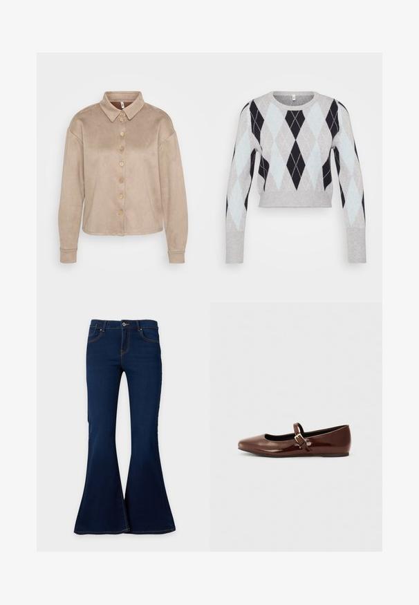 Lys grå cropped sweater med et sort og lyseblåt argyle-mønster. Har lange ærmer og en klassisk rund halsudskæring. Blød tekstur.; Beige skjorte med knapper lavet af blødt, suede-lignende materiale. Har en krave, lange ærmer og træknapper ned ad fronten.; Mørkeblå denim flare jeans med frontknap og lynlås, frontlommer og bæltestropper vist på en ensfarvet baggrund.; Brun patentlæder balletflade med firkantet tå og strop med en lille guldbuckle. Glat tekstur, lav hæl og minimalistisk design.