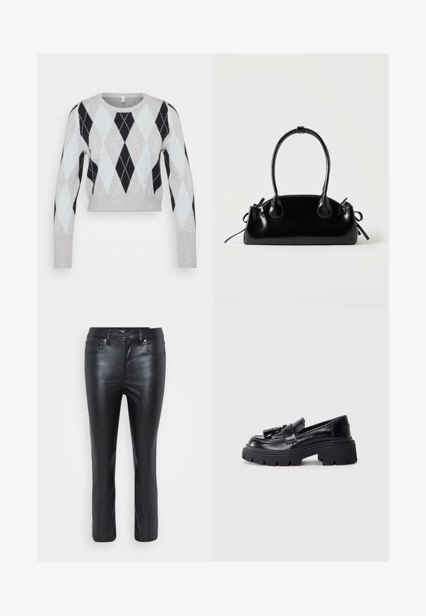 Lys grå cropped sweater med et sort og lyseblåt argyle-mønster. Har lange ærmer og en klassisk rund halsudskæring. Blød tekstur.; Sorte læderbukser med slim fit, der har forlommer, knaplukning og let glans. Benene er lige skåret med syningdetaljer.; Sorte læder loafers med en klumpet, bølget sål, der har en dekorativ kvast på forsiden og en glat, blank overflade.; Lille sort blank håndtaske med to lange håndtag og snøre-detaljer i siden på en ensfarvet lys baggrund.