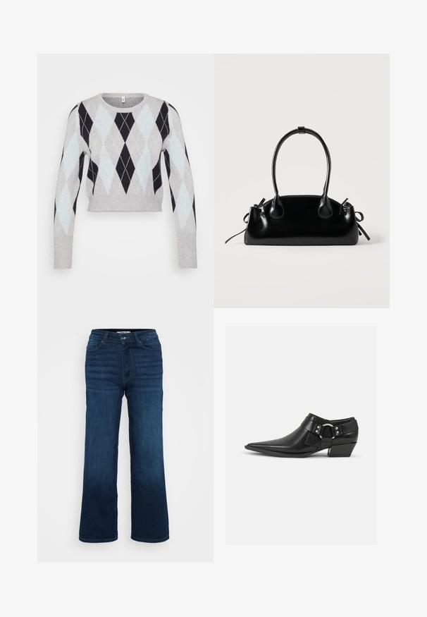 Helehallist lühikese lõikega kampsun, millel on must ja helesinine rombimuster. Omab pikki varrukaid ja klassikalist ümmargust kaelust. Pehme tekstuur.; ONLY Petite ONLMADISON BLUSH WIDE - Wide leg - dark blue denim; Mustad mustad nahast pahkluu saapad terava ninaga, millel on esiosas nahkrihm ja hõbedane pandla-detail, ning madal plokkninaga konts.; Väike must läikiv käekott kahe pika sangaga ja külgedel paelakinnitustega, ühel lihtsal helel taustal.