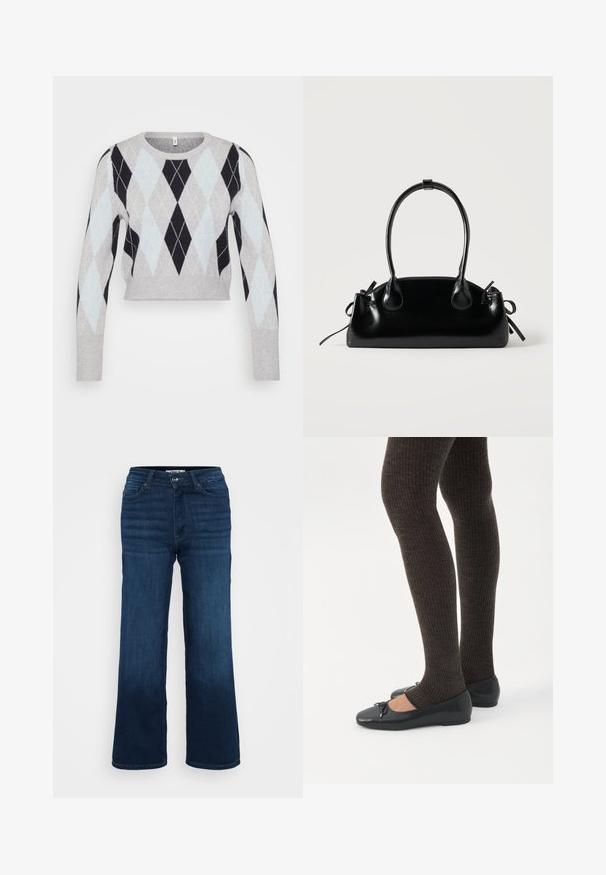 Helehallist lühikese lõikega kampsun, millel on must ja helesinine rombimuster. Omab pikki varrukaid ja klassikalist ümmargust kaelust. Pehme tekstuur.; ONLY Petite ONLMADISON BLUSH WIDE - Wide leg - dark blue denim; Jalad seljas tumedad soonelises soonelises kombines mustade baleriinadega, millel on väikesed paelade detailid valgel taustal.; Väike must läikiv käekott kahe pika sangaga ja külgedel paelakinnitustega, ühel lihtsal helel taustal.