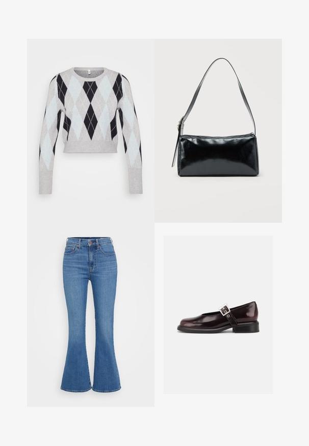 Pull court gris clair avec un motif argyle noir et bleu clair. Présente des manches longues et un col rond classique. Texture douce.; Jeans évasés bleu clair avec une taille haute, en denim. Comprend deux poches avant et une fermeture à bouton à la taille.; Chaussure Mary Jane unique brillante couleur bordeaux foncé avec une large bride et une boucle argentée, talon bloc bas et bout arrondi sur fond blanc.; Sac d'épaule rectangulaire noir avec une sangle réglable unique et une fermeture éclair supérieure sur un fond uni.