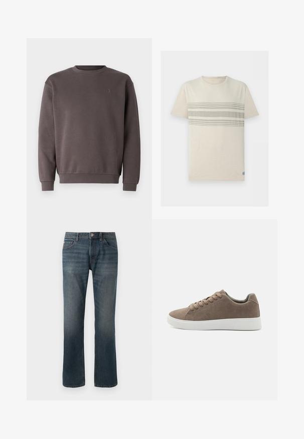 Grauer Baumwoll-Sweatshirt mit rundem Ausschnitt, gerippten Bündchen und Saum. Mit kleinem, tonal gehaltenem Logo auf der Brust. Weicher Stoff.; Beiges kurzärmeliges T-Shirt mit Rundhalsausschnitt, mit drei horizontalen hellgrauen Streifen über der Brust.; Dunkelblaue Jeans aus Denim mit geradem Bein. Merkmale sind fünf Taschen, kontrastierende Nähte sowie ein Knopf- und Reißverschluss vorne.; Braune Wildledersneaker mit flachen weißen Gummisohlen, Schnürdesign, abgerundete Zehen und einer glatten Textur. Minimalistischer Stil mit dezenten Nähdetails.