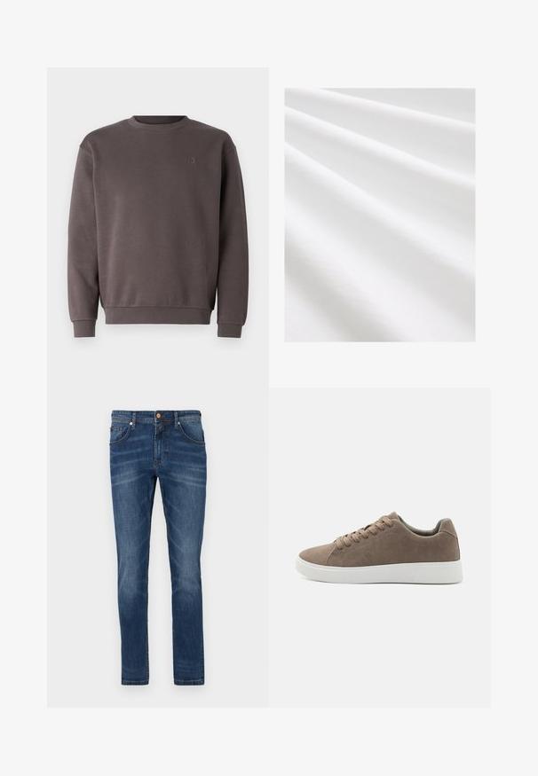 Grijs katoenen sweatshirt met een ronde hals, geribde manchetten en zoom. Bevat een klein, ton-sur-ton logo op de borst. Zachte textuur.; Katoenen stof, witte kleur, zachte textuur met subtiele vouwen en plooien. Gelijke oppervlakte, licht reflecterend, zonder patronen of accenten.; Donkerblauwe denim jeans met een rechte pijp, vijf zakken, subtiele vervaging, contrasterende stiksels en een knoopsluiting in de taille.; Bruine suède sneakers met platte witte rubberen zolen, vetersluiting, ronde neus en een gladde textuur. Minimalistische stijl met subtiele stikdetails.