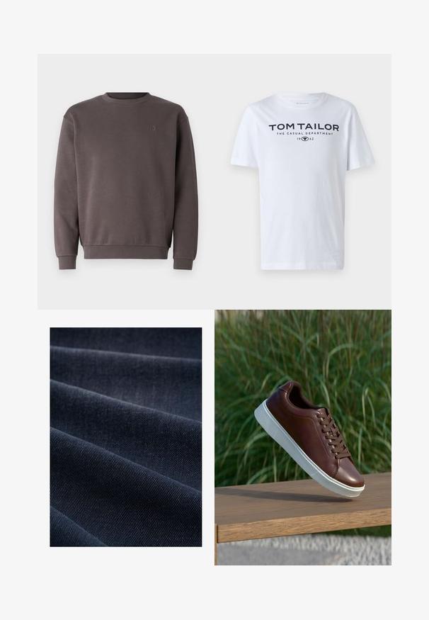 Grauer Baumwoll-Sweatshirt mit rundem Ausschnitt, gerippten Bündchen und Saum. Mit kleinem, tonal gehaltenem Logo auf der Brust. Weicher Stoff.; Weißes Baumwoll-T-Shirt mit Rundhalsausschnitt, kurzen Ärmeln und navyfarbener Schrift, die "TOM TAILOR THE CASUAL DEPARTMENT 1962" lautet.; Dunkelblaue Denim-Stoff mit geripptem Muster, das Falten und Wellen zeigt und somit sein Gewicht und seine Strapazierfähigkeit betont.; Braune Leder-Sneaker mit weißer Gummisohle, Schnürdesign, glatte Textur, runde Zehenform und dezente Nähdetails.