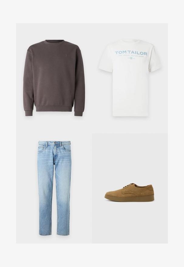 Sudadera de algodón gris con escote redondo, puños y dobladillo acanalados. Presenta un pequeño logotipo tonal en el pecho. Textura suave.; Camiseta blanca de algodón con un estampado en azul claro que incluye "TOM TAILOR", "THE CASUAL DEPARTMENT" y "1962". Cuello redondo clásico y mangas cortas.; Jeans de mezclilla azul claro con corte recto, diseño de cinco bolsillos, textura desgastada y cierre clásico de botón y cremallera.; Zapato casual marrón de ante con cordones y suela de goma plana, visto de lado sobre un fondo claro y liso.