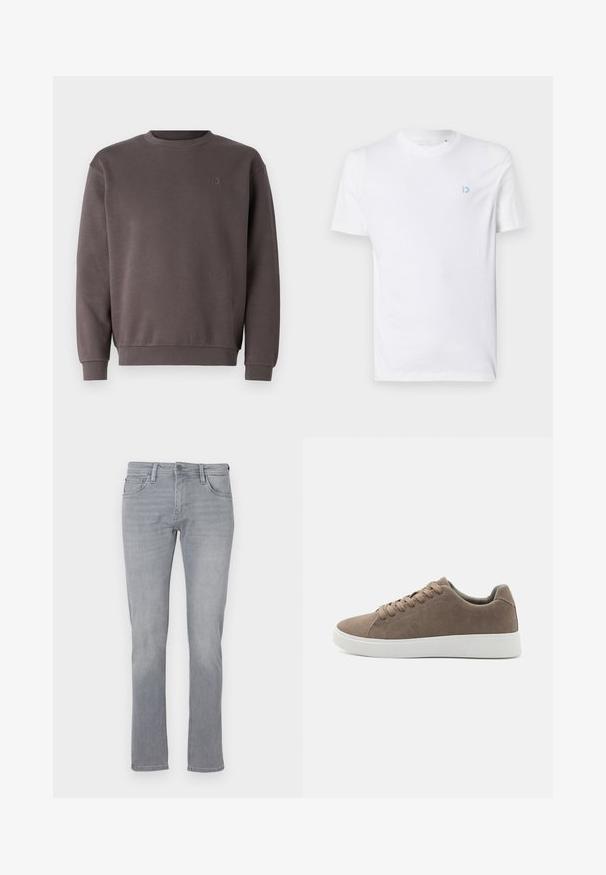 Grauer Baumwoll-Sweatshirt mit rundem Ausschnitt, gerippten Bündchen und Saum. Mit kleinem, tonal gehaltenem Logo auf der Brust. Weicher Stoff.; Weißes Baumwoll-T-Shirt mit rundem Halsausschnitt und kurzen Ärmeln, mit einem hellblauen Logo auf der linken Brust. Glatte Textur, schlichtes Design.; Graue Jeans aus Denim mit geradem Bein, ausgestattet mit einem Frontknopf und einem Reißverschluss, fünf Taschen und subtilen Verwaschungen.; Braune Wildledersneaker mit flachen weißen Gummisohlen, Schnürdesign, abgerundete Zehen und einer glatten Textur. Minimalistischer Stil mit dezenten Nähdetails.