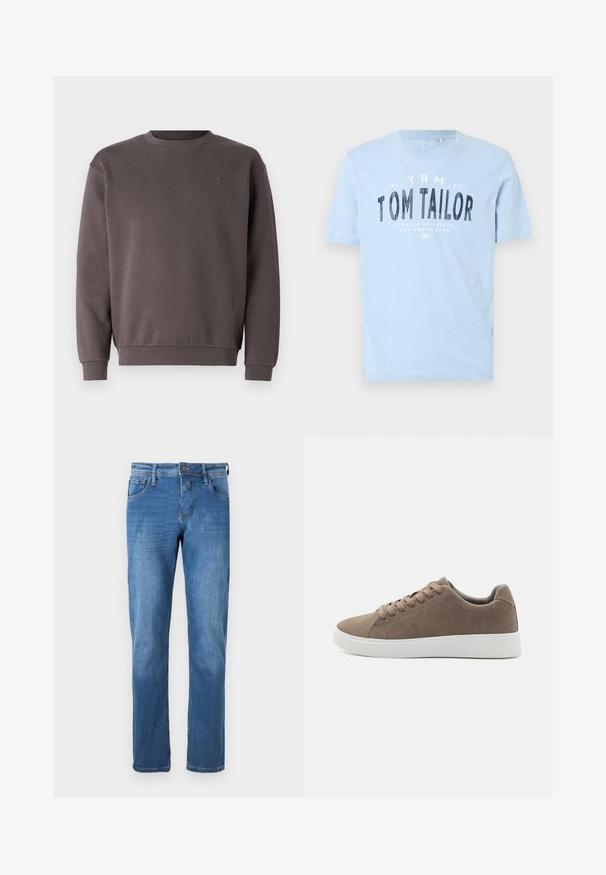 Grijs katoenen sweatshirt met een ronde hals, geribde manchetten en zoom. Bevat een klein, ton-sur-ton logo op de borst. Zachte textuur.; Lichtblauwe katoen t-shirt met een ronde halslijn en korte mouwen. Het heeft vetgedrukte zwarte tekst: "TOM TAILOR" en extra merkdetails.; Denim jeans in medium blue met een rechte snit. Voorzien van vijf zakken, een knoopsluiting en zichtbare stikseldetails langs de naden.; Bruine suède sneakers met platte witte rubberen zolen, vetersluiting, ronde neus en een gladde textuur. Minimalistische stijl met subtiele stikdetails.