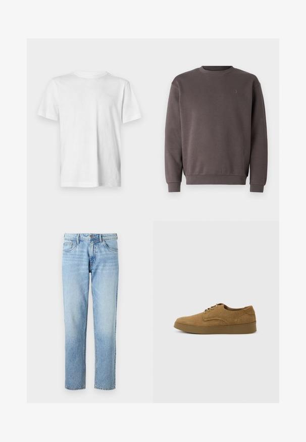 Sweat-shirt en coton gris avec un col rond, des poignets et un ourlet côtelés. Présente un petit logo ton sur ton sur la poitrine. Texture douce.; T-shirt blanc à manches courtes en coton doux, avec un col rond et un détail logo en relief discret sur la poitrine gauche.; Jean en denim bleu clair avec une coupe droite, design à cinq poches, texture délavée et une fermeture à bouton et zip classique.; Chaussure décontractée à lacets en daim marron avec semelle en caoutchouc plate, vue de côté sur un fond clair uni.