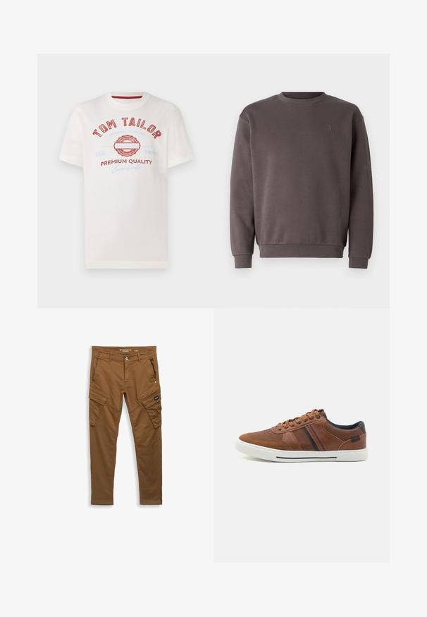 Sweat-shirt en coton gris avec un col rond, des poignets et un ourlet côtelés. Présente un petit logo ton sur ton sur la poitrine. Texture douce.; T-shirt en coton blanc avec impression rouge et bleue portant "TOM TAILOR", un logo circulaire et le texte "QUALITÉ PREMIUM" dans différentes polices.; Pantalons cargo droits marron avec bouton avant, passants de ceinture, poches latérales et arrière, et fermetures à rabat sur les poches de cuisse.; Baskets en cuir marron avec une texture lisse, semelle en caoutchouc blanc, accents noirs et couture décorative avec des rayures latérales.