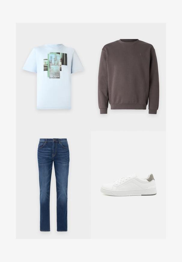 Grauer Baumwoll-Sweatshirt mit rundem Ausschnitt, gerippten Bündchen und Saum. Mit kleinem, tonal gehaltenem Logo auf der Brust. Weicher Stoff.; TOM TAILOR T-Shirt print - light metal blue; Dunkelblaue Denim-Jeans mit klassischem gerade geschnittenem Schnitt, Fünf-Taschen-Design und leichtem Verblassen an den Beinen. Mit Knopf- und Reißverschluss.; Weißer Sneaker aus glattem Leder, runde Zehenpartie, minimalistisches Design, graue Fersenkante und strukturierte Gummisohle.