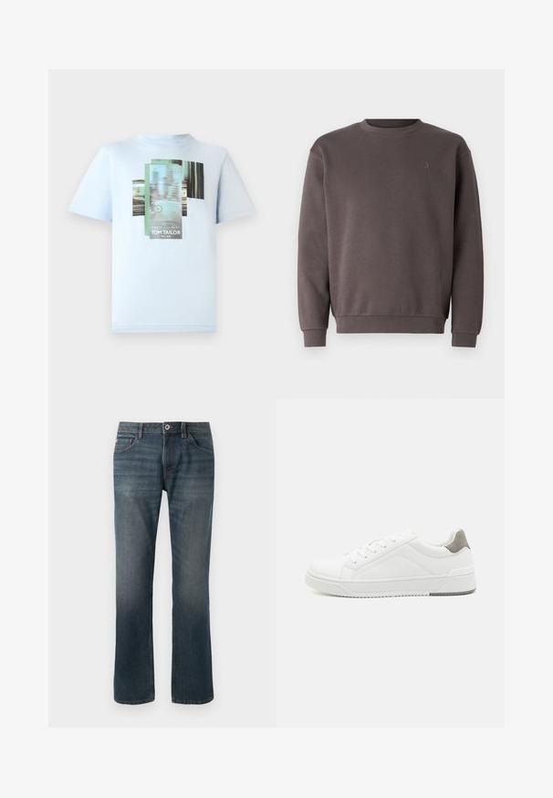 Grauer Baumwoll-Sweatshirt mit rundem Ausschnitt, gerippten Bündchen und Saum. Mit kleinem, tonal gehaltenem Logo auf der Brust. Weicher Stoff.; TOM TAILOR T-Shirt print - light metal blue; Dunkelblaue Jeans aus Denim mit geradem Bein. Merkmale sind fünf Taschen, kontrastierende Nähte sowie ein Knopf- und Reißverschluss vorne.; Weißer Sneaker aus glattem Leder, runde Zehenpartie, minimalistisches Design, graue Fersenkante und strukturierte Gummisohle.