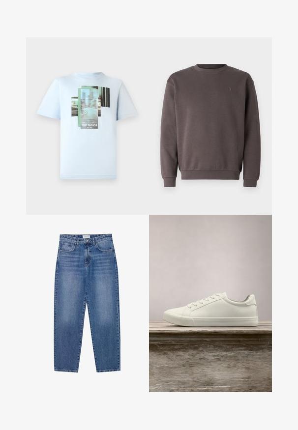 Sudadera de algodón gris con escote redondo, puños y dobladillo acanalados. Presenta un pequeño logotipo tonal en el pecho. Textura suave.; TOM TAILOR Camiseta estampada - light metal blue; Vaqueros de mezclilla azul con un diseño de cintura alta y pierna recta, en acabado desgastado. Presenta cinco bolsillos y un cierre de botón.; Zapatilla blanca con cordones flotando sobre un banco de madera con follaje verde al fondo, mostrando el diseño y la textura del zapato.