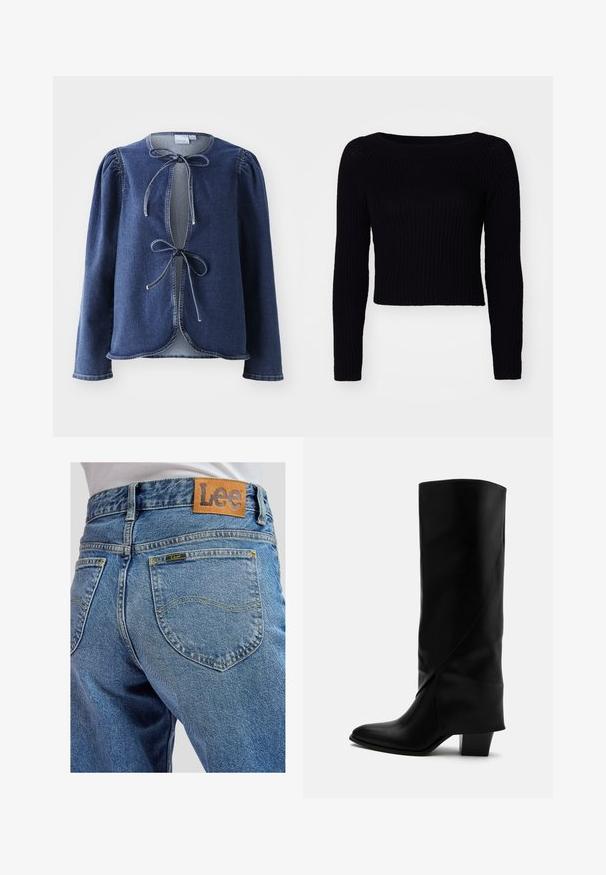Musthave, mustahedane, pikad varrukad, kootud sall, ribastaoline tekstuur ja lai kaelus; lühike pikkus, millel on õrn õmblusdetail varrukatel.; Tume sinine denim jakk, millel on pikad varrukad, paistes õlad ja ees lipsuga sulgemine. Jakk on ümarate äärtega ning kontrastsete õmblustega.; Sinised teksapüksid, millel on tagataskud kollase õmblusega ja pruun Lee kaubamärgi nahast märk vöökohal.; Pikk must nahast saabas nurkadega õmbluste, terava varba ja jämeda keskmise kõrgusega kontsaga valgel taustal.