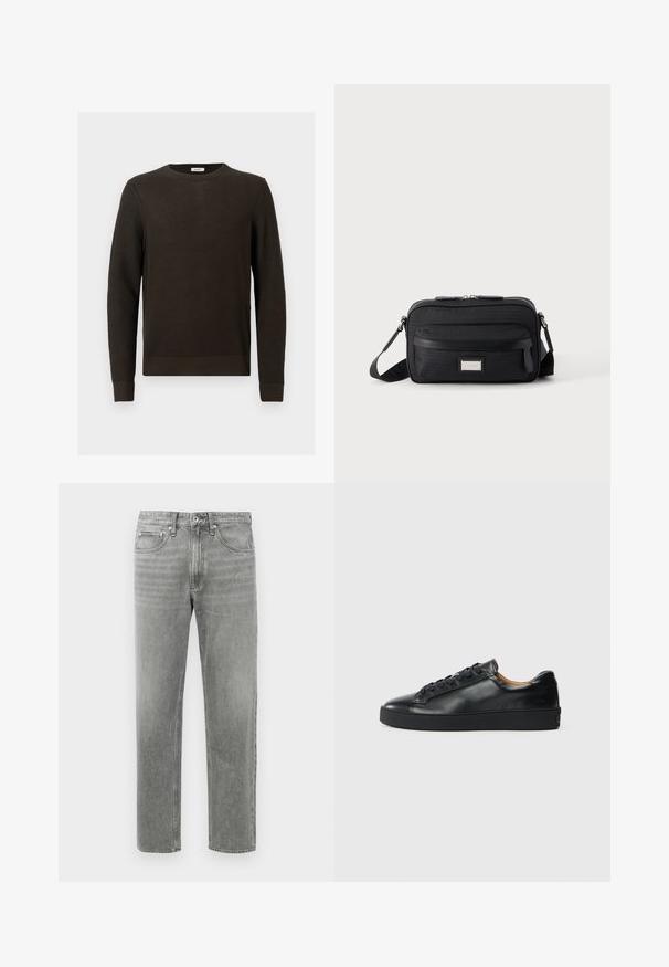 Donkerbruine gebreide trui met een gestructureerd patroon, ronde halslijn en geribde manchetten. Heeft een relaxte pasvorm en geen zichtbare versieringen.; Grijze denim jeans met een rechte pijp, voorzien van een klassiek vijf-pocket ontwerp en subtiele vervaging voor textuur. Standaard ritsopening.; Zwarte leren sneaker met een gladde textuur, ronde neus en vetersluiting. Heeft een dikke rubberen zool en minimale merkaanpassing.; Zwarte rechthoekige crossbodytas met voorvak met ritssluiting, verstelbare schouderband en zilveren rechthoekige logo-plaat op effen achtergrond.