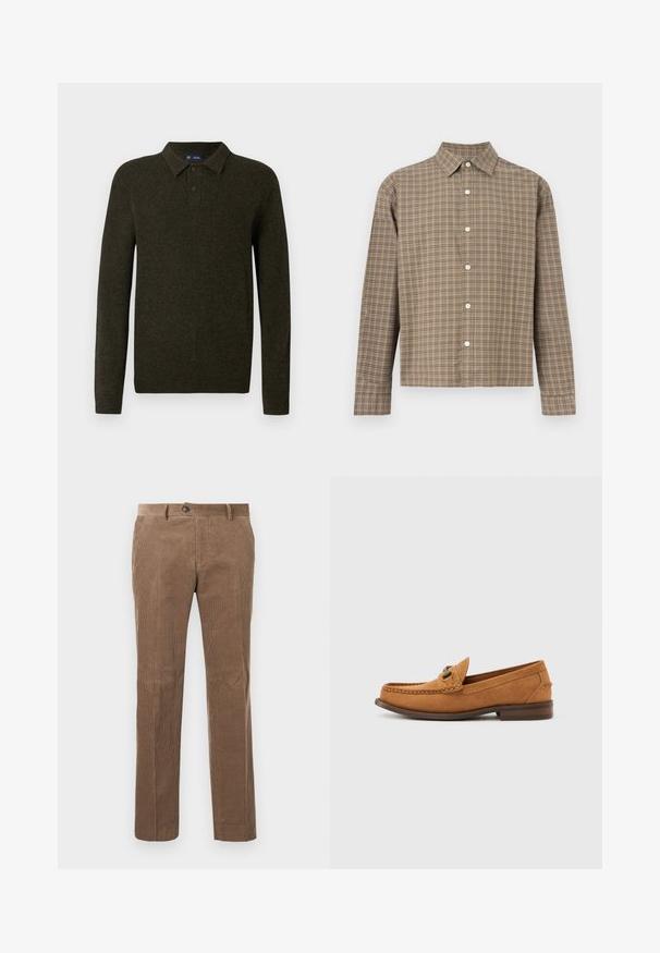 Groene lange mouw polo trui met een gestructureerde afwerking, twee knoopsluitingen en geribbelde manchetten. Eenvoudig, klassiek ontwerp geschikt voor casual draag.; Overhemd met lange mouwen, bruin-beige ruitpatroon, klassieke kraag en witte knopen aan de voorkant.; Bruine corduroy broek met verticale ribbelstructuur, recht model, enkele knoopsluiting en twee voorzakken.; Lichtbruine suède herenslipper met metalen bitdetail en gestikte moc-toe, profielweergave op een effen witte achtergrond.