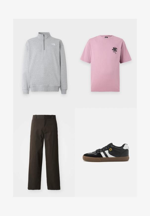 Grå sweatshirt med høj krave, frontlynlås og ribstrikkede manchetter. Har et lille, hvidt logo på venstre bryst. Blød stofstruktur.; Lyselilla t-shirt med korte ærmer og et lille, forvrænget sort og orange logo på venstre bryst.; Sorte bomuldsbukser med et lige ben-design, der har en knaplukning og et klassisk taljehåndter. Glat tekstur, ingen mønstre eller accenter.; Sorte og hvide sneakers med overdel i ruskind og læder, der har hvide striber, sorte snørebånd og en brun gummisål. Guld logo detaljer.