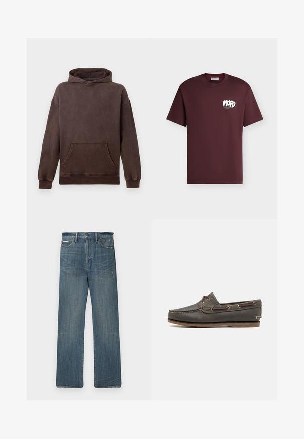 Sudadera con capucha de algodón marrón con bolsillo canguro frontal, puños acanalados y un corte holgado.; Camiseta de color burdeos oscuro de manga corta con cuello redondo y un pequeño gráfico blanco y texto en el pecho izquierdo que dice "Marco Polo Denim."; Jeans de denim azul con un ajuste relajado, con pierna recta, detalles desgastados y diseño clásico de cinco bolsillos. Cintura de talle medio.; Zapato de barco de cuero marrón oscuro con un perfil bajo, que cuenta con ojales de latón y costuras en contraste, suela plana de goma y acabado texturizado.