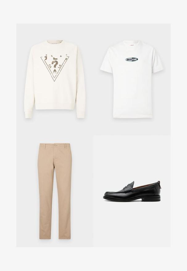 Cremefarvet sweatshirt med rund hals og raglanærmer. Har en stor trekantet grafik i mørkegrå med slidt skrift og accenter.; Hvid bomulds-t-shirt med korte ærmer og rund halsudskæring. Har et centralt broderet logo med teksten "GUESS JEANS."; Beige bukser lavet af bomuld med lige ben, der har en frontknaplukning, sidelommer og subtile teksturdetaljer.; Sort læder herre loafer med moc-tå syning, penny strop, struktureret krave og lav stablet hæl på hvid baggrund.