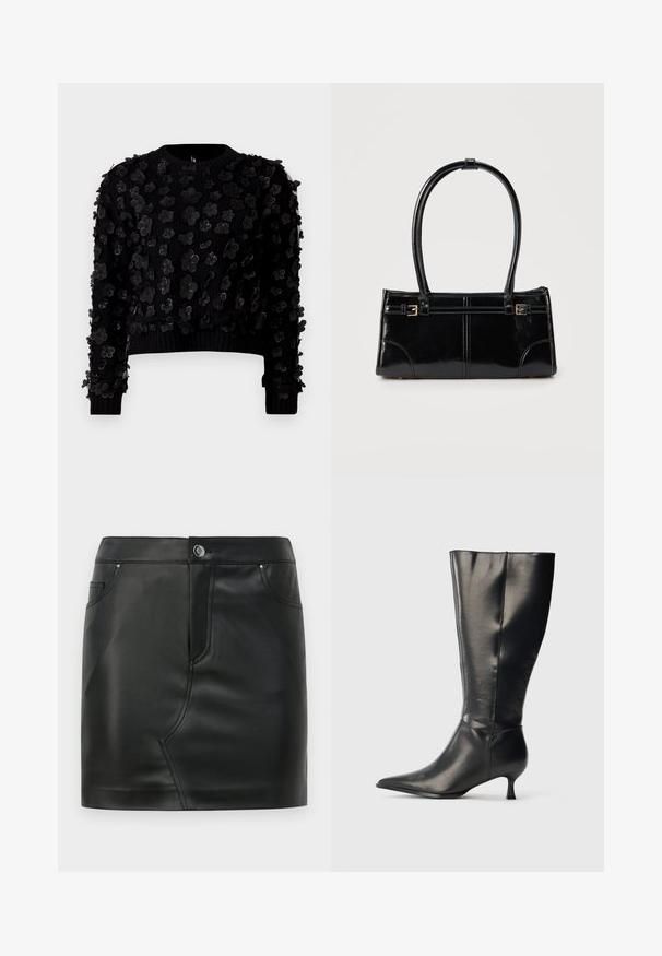 Sort cropped sweater i tekstureret stof prydet med tredimensionelle blomsterapplikationer, rund hals og ribbede manchetter.; Sort faux læder mini nederdel med frontknap, lynlås lukning, front- og baglommer samt sømdetaljer.; Sort knæhøj læderstøvle med spids tå og lav kittenhæl, vist på en enkel lys baggrund.; Glansfuld sort rektangulær håndtaske med to tynde skulderremme og små guldbeslag foran.