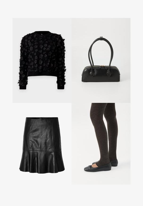 Sort cropped sweater i tekstureret stof prydet med tredimensionelle blomsterapplikationer, rund hals og ribbede manchetter.; Sort lædernederdel med et tætsiddende talje, sømdetaljer og en udvidet kant, vist mod en hvid baggrund.; Ben iført mørke ribbede leggings kombineret med sorte balletsko med små sløjfedetaljer på hvid baggrund.; Sort læder håndtaske med to langstrakte håndtag, lynlåslukning og afrundet form; glat tekstur med en subtil blank finish.