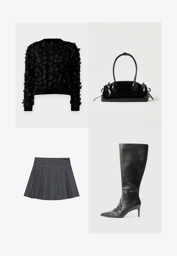 Sort cropped sweater i tekstureret stof prydet med tredimensionelle blomsterapplikationer, rund hals og ribbede manchetter.; Grå stribede skater nederdel med en tætsiddende talje, udformet i A-linje og en blød stofstruktur. Lodrette linjer øger den visuelle interesse.; Sorte knæhøje støvler i læder med en slank hæl, spids tå og remdetaljer ved anklen. Glat tekstur og tætsiddende design.; Lille sort blank håndtaske med to lange håndtag og snøre-detaljer i siden på en ensfarvet lys baggrund.