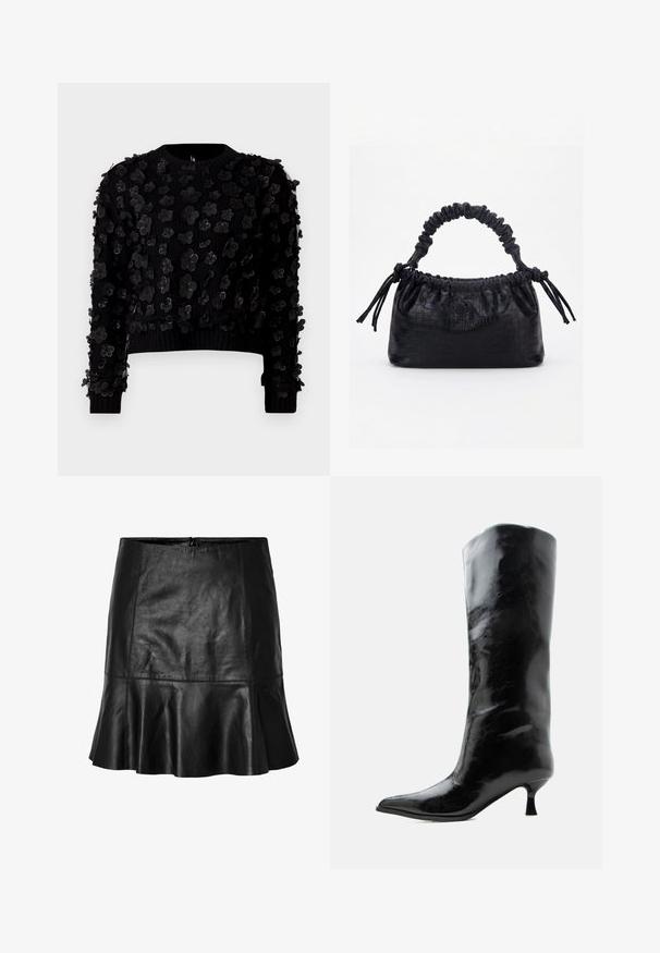 Suéter negro corto con tela texturizada adornada con aplicaciones florales tridimensionales, cuello redondo y puños acanalados.; Minifalda de cuero negro con dobladillo acampanado y detalles de costura visibles, con cierre de cremallera en la parte trasera.; Bota negra de cuero brillante hasta la rodilla con punta puntiaguda y tacón bajo curvado sobre un fondo claro y liso.; Bolso negro con textura de cocodrilo, borde superior fruncido, asa recogida y cordones con borlas en cada lado sobre un fondo blanco.
