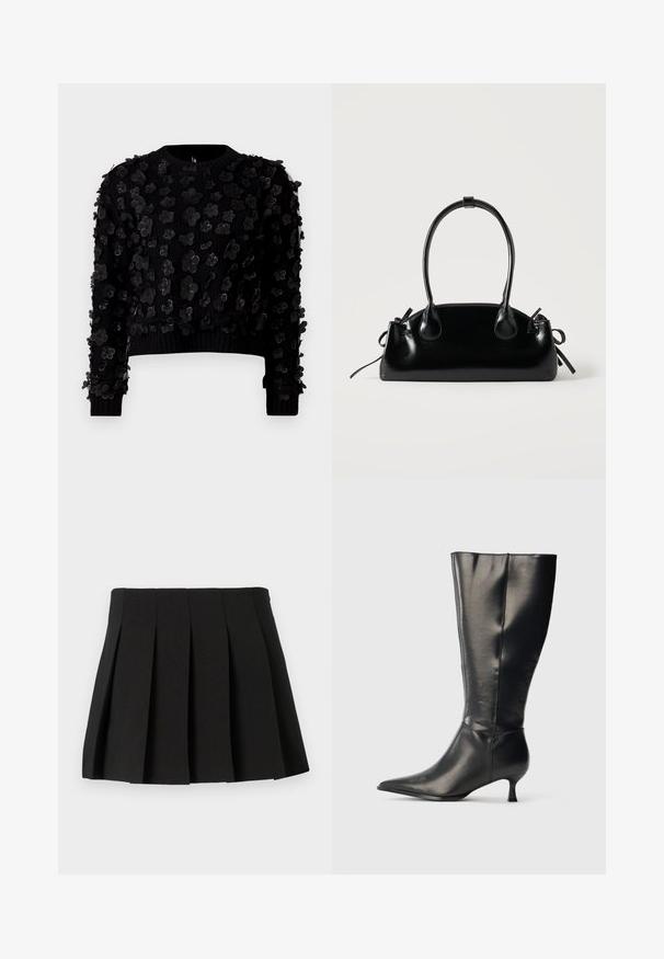 Suéter negro corto con tela texturizada adornada con aplicaciones florales tridimensionales, cuello redondo y puños acanalados.; Mini falda negra con diseño estructurado, hecha de una tela suave. Cuenta con una cinturilla y pliegues verticales espaciados uniformemente.; Bota negra de cuero hasta la rodilla, con punta afilada y tacón bajo tipo kitten, mostrada sobre un fondo claro y sencillo.; Pequeño bolso negro brillante con dos asas largas y detalles de cordón lateral sobre un fondo claro liso.