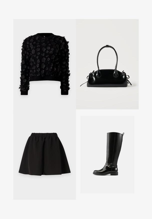 Suéter negro corto con tela texturizada adornada con aplicaciones florales tridimensionales, cuello redondo y puños acanalados.; Falda negra con cintura elástica, forma en línea A y dobladillo a la altura de la rodilla, diseño liso, mostrada extendida sobre un fondo blanco.; Botas negras hasta la rodilla hechas de cuero brillante, con un detalle de hebilla plateada en el tobillo y un diseño de punta redondeada. Suela plana.; Pequeño bolso negro brillante con dos asas largas y detalles de cordón lateral sobre un fondo claro liso.