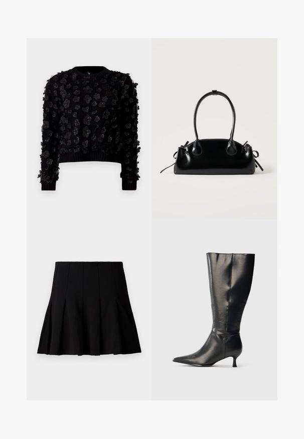 Sort cropped sweater i tekstureret stof prydet med tredimensionelle blomsterapplikationer, rund hals og ribbede manchetter.; Sort kort plisseret nederdel lavet af et glat stof. Har en elastisk talje og en flagrende silhuet, der når til midten af låret.; Sort knæhøj læderstøvle med spids tå og lav kittenhæl, vist på en enkel lys baggrund.; Lille sort blank håndtaske med to lange håndtag og snøre-detaljer i siden på en ensfarvet lys baggrund.