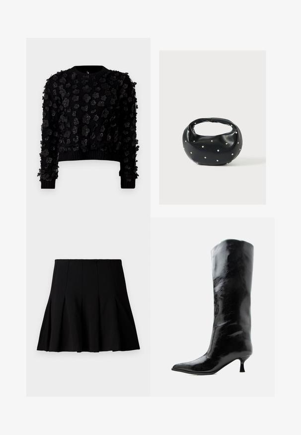 Sort cropped sweater i tekstureret stof prydet med tredimensionelle blomsterapplikationer, rund hals og ribbede manchetter.; Sort kort plisseret nederdel lavet af et glat stof. Har en elastisk talje og en flagrende silhuet, der når til midten af låret.; Sort skinnende knæhøj læderstøvle med spids tå og lav buet hæl på en ensfarvet lys baggrund.; Sort læderhåndtaske med en rundet form, dekoreret med sølvnitter, og et kort håndtag. Glat tekstur og lynlåslukning.