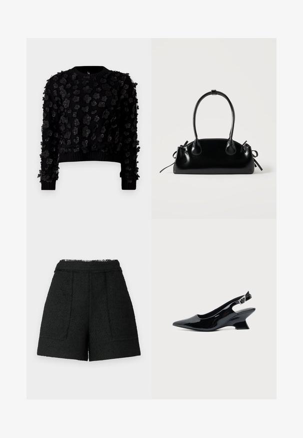 Suéter negro corto con tela texturizada adornada con aplicaciones florales tridimensionales, cuello redondo y puños acanalados.; Pantalones cortos negros de tela texturizada con un dobladillo deshilachado, que cuentan con dos bolsillos frontales y un ajuste entallado.; Zapato slingback de cuero charol negro con puntera puntiaguda y tacón bajo en bloque inclinado sobre fondo claro liso.; Pequeño bolso negro brillante con dos asas largas y detalles de cordón lateral sobre un fondo claro liso.