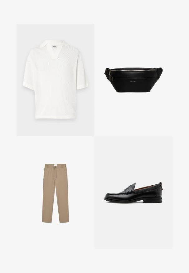 Pull-over blanc à manches courtes avec col en V, fabriqué en tissu mesh léger. Dispose d'un col uni et d'une coupe décontractée.; Pantalons stretch beiges avec une taille élastique et un cordon de serrage, dotés de deux poches latérales et d'un design à jambe droite. Texture lisse.; Mocassin homme en cuir noir avec couture moc toe, bride penny, col texturé et petit talon empilé sur fond blanc.; Sac banane en cuir noir Calvin Klein avec fermeture éclair argentée et sangle réglable, logo minimaliste au centre devant.