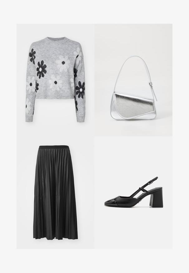 Lichtgrijze cropped gebreide trui met zwart-wit bloemenpatronen, ronde halslijn en ribgebreide manchetten. Zachte textuur, casual ontwerp.; Zwarte geplisseerde maxi rok met een gladde textuur en een elastische tailleband, met verticale plooien die volume en beweging creëren.; Zwarte gepatineerde leren slingback hak met een spitse neus, blokhak en verstelbare band. Glad textuur en minimalistisch design.; Zilveren metalen handtas met een driehoekige vorm, gladde textuur en een dunne, verstelbare schouderriem. Kenmerkt zich door een omklapbaar ontwerp met stiksels.