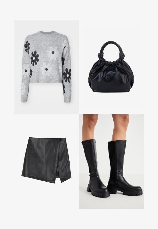 Lyst grå cropped striktrøje med sort og hvid blomstermønster, rund halsudskæring og ribbede manchetter. Blød tekstur, casual design.; Even&Odd by Zalando Mini skirts - black; Sorte knæhøje støvler lavet af glat kunstlæder med en kraftig sål, lynlås i siden og design med rund tå.; Sort blød læderhåndtaske med samlet top og to tykke håndtag bundet i knuder mod en ensfarvet lys baggrund.
