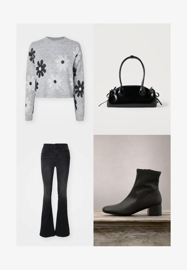 Lichtgrijze cropped gebreide trui met zwart-wit bloemenpatronen, ronde halslijn en ribgebreide manchetten. Zachte textuur, casual ontwerp.; Zwarte flared jeans van denim, met een hoge taille, voorzakken, een knoopsluiting en een schone afwerking aan de zoom.; Zwarte enkellaars met een gladde, glanzende leren afwerking, een schuine blokhak en een aangesloten, elastische bovenzijde voor een gestroomlijnde uitstraling.; Kleine zwarte glanzende handtas met twee lange hengsels en zijkant trekkoord details op een effen lichte achtergrond.